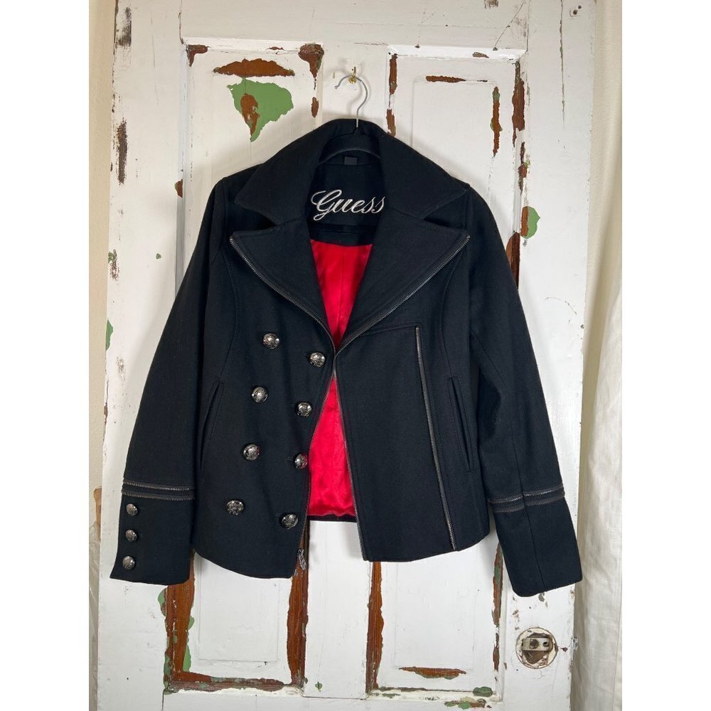 Guess Size XS Navy Wool Jacket DB Button Zip Cross between Moto Peacoat Military - Picture 6 of 16